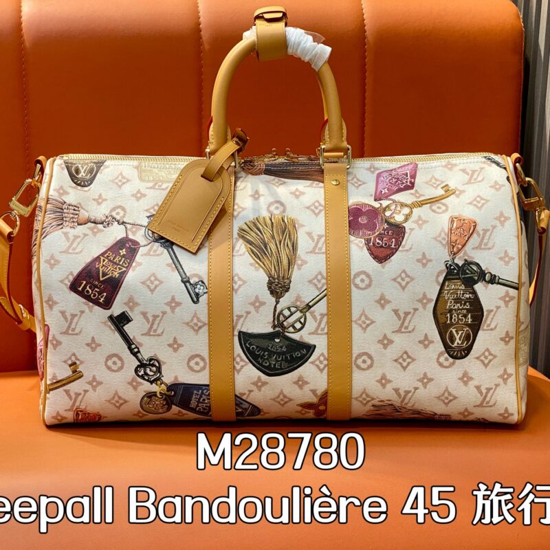 【原单精品】M28780白花 徽章丝印旅行袋 Keepall Bandoulière 45 旅行袋