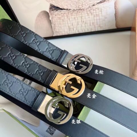 GUCCI 古驰男士头层牛皮压花金属旋转扣腰带3.5cm