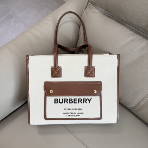 Burberry B家双色帆布拼皮皮革Freya意大利精制托特包 型号1291