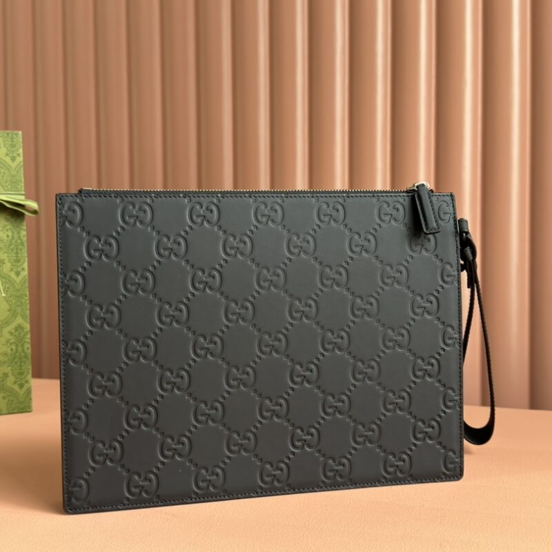 GUCCI GG橡胶效果手拿包 型号：771319黑色/压花G原厂皮