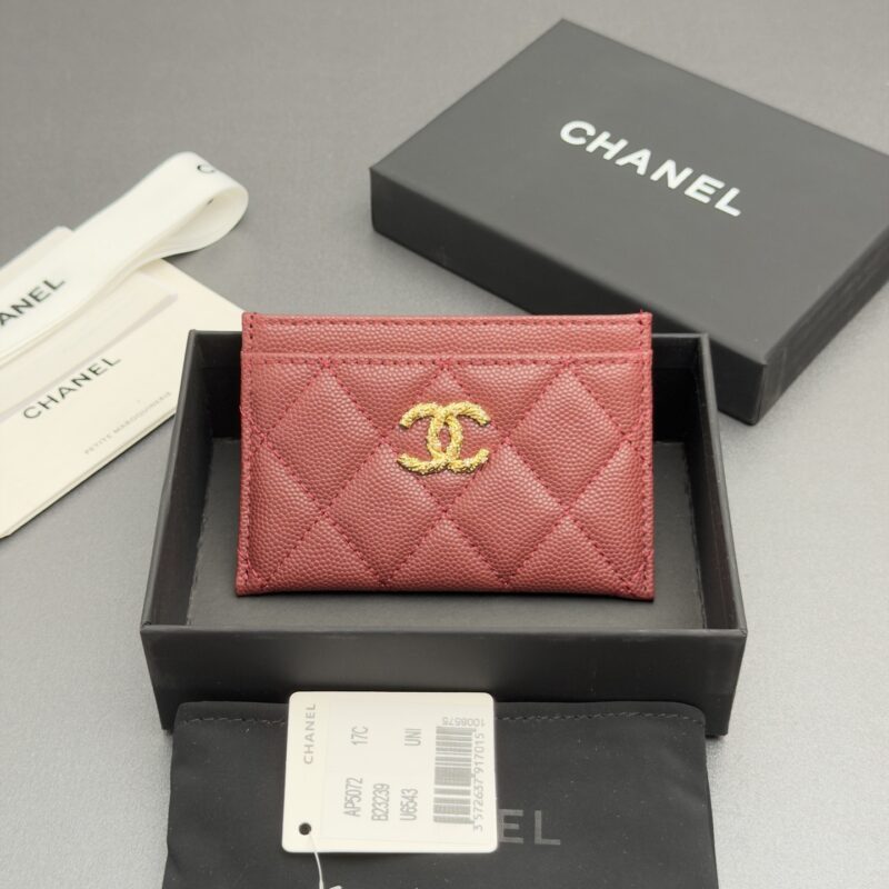 CHANEL 卡包系列 编号:AP 5072酒红色细球纹金色五金