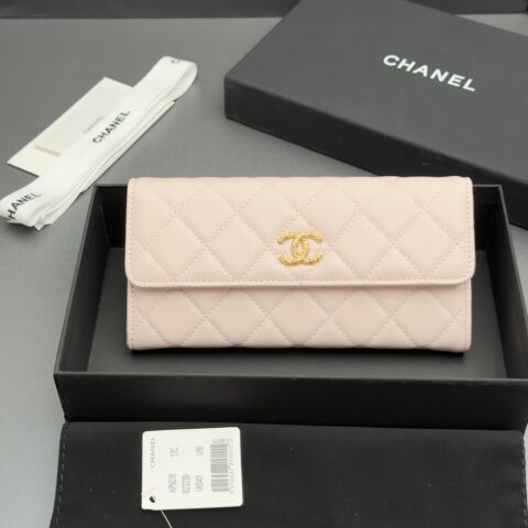 CHANEL 长夹钱包系列 编号:AP 5076 浅粉色细球纹金色五金