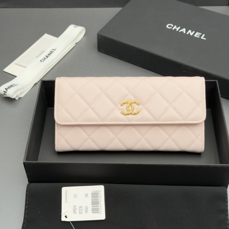 CHANEL 长夹钱包系列 编号:AP 5076 浅粉色细球纹金色五金