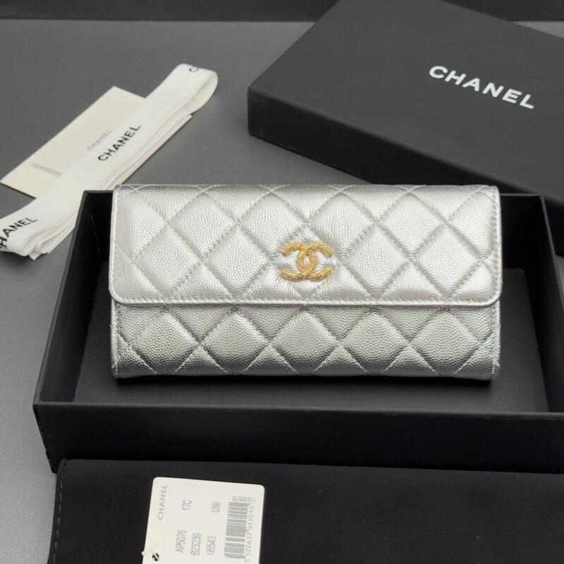 CHANEL 长夹钱包系列 编号:AP 5076 银色细球纹金色五金