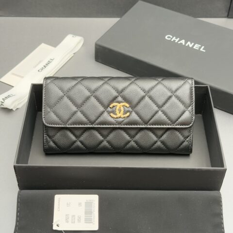 CHANEL 长夹钱包系列 编号:AP 5076 黑色细球纹金色五金