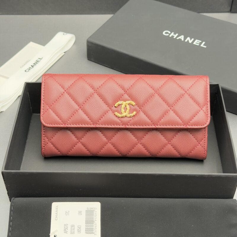 CHANEL 长夹钱包系列 编号:AP 5076 酒红色细球纹金色五金