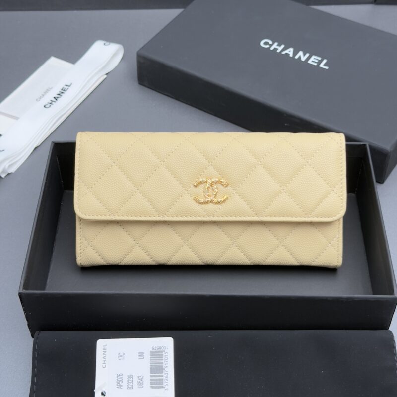 CHANEL 长夹钱包系列 编号:AP 5076杏色细球纹金色五金