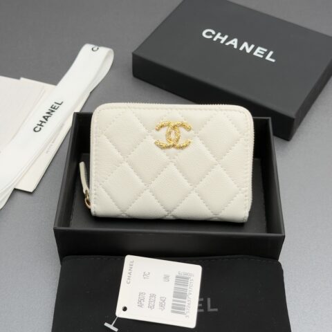 CHANEL 小拉链包系列 编号:AP 5078  白色细球纹金色五金