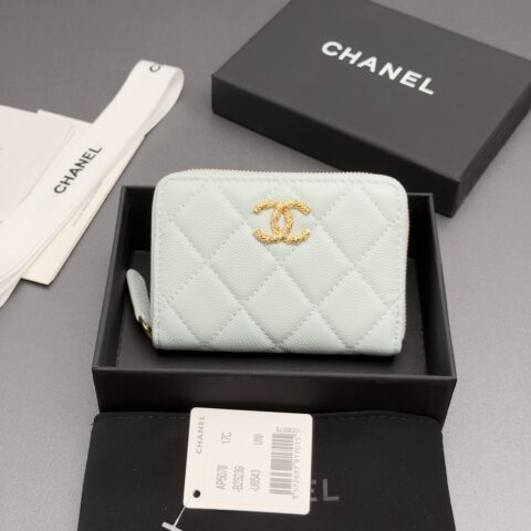 CHANEL 小拉链包系列 编号:AP 5078 浅蓝色细球纹金色五金