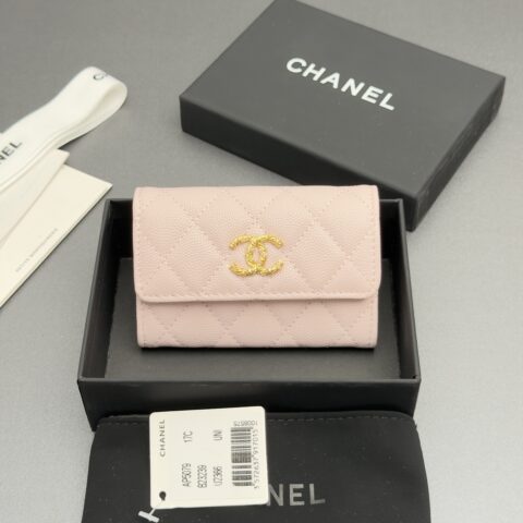 CHANEL 卡包系列 编号:AP 5079 浅粉色细球纹金色五金