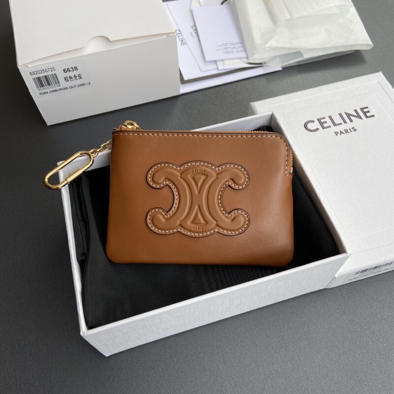 CELINE TRIOMPHE光滑牛皮革零錢卡片包 编号:10C663BTA.38NO 663 662 6638 黃褐全皮