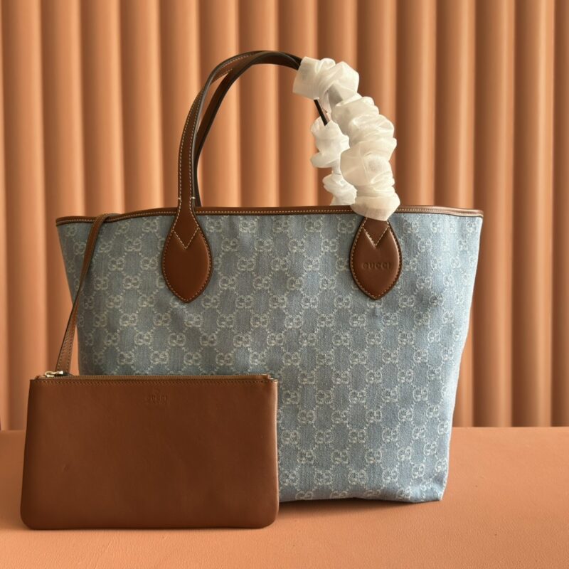 GUCCI Totissima系列 型号：837190灰色牛仔面料/原厂皮
