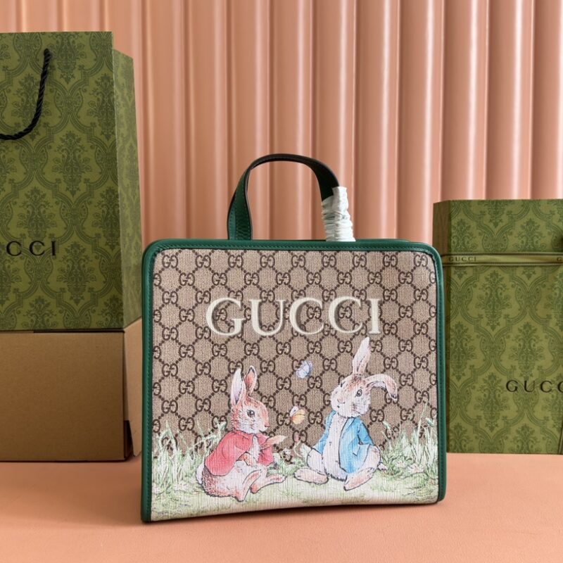 GUCCI 儿童动物印花托特包 型号:605614 绿色/兔子印花