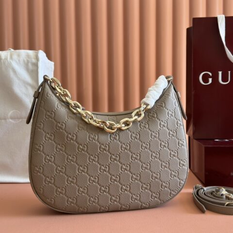 GUCCI GG Emblem系列小号手提包 型号：815263灰褐压/原厂皮