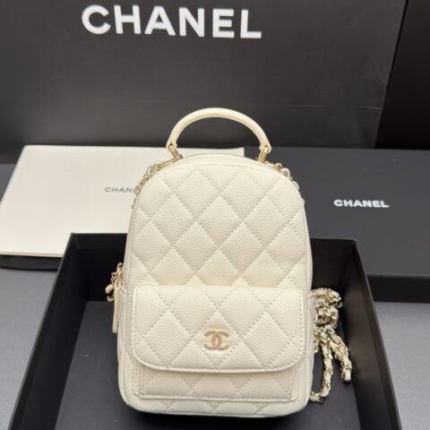 CHANEL 24A系列 迷你小书包 型号：AS 3753 白色细球纹/金