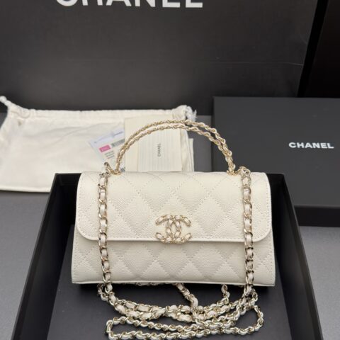 CHANEL 23P系列 Kelly牛皮手柄包 型号：AP 3238 白细球纹/金