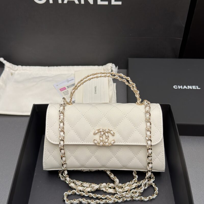 CHANEL 23P系列 Kelly牛皮手柄包 型号:AP 3238 白细球纹/金