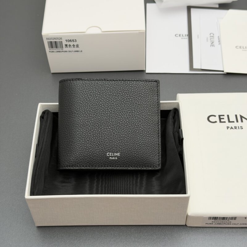 CELINE 男士双折钱包/荔枝纹 编号:10B653BRN.38SI10653 10653  黑色全皮