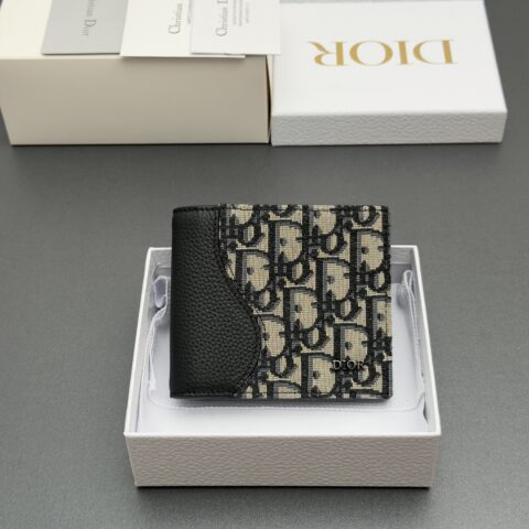 DIOR 男士双折马鞍钱包系列 型号：H076  提花蓝/牛皮