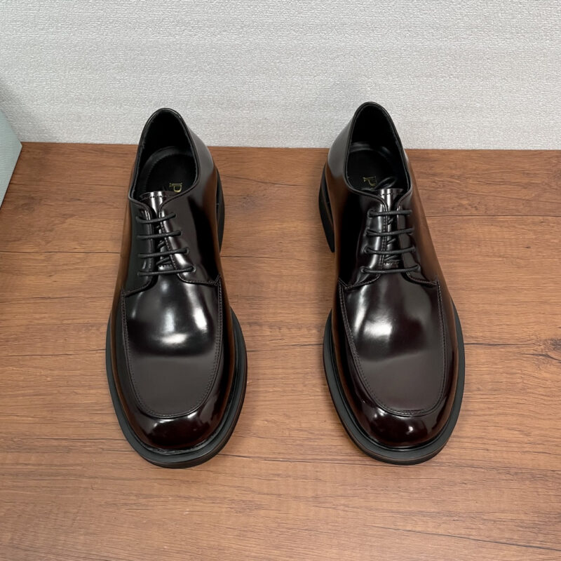 PRADA 男士新款皮革系带德比鞋 货号:XY131系带 咖色开边珠