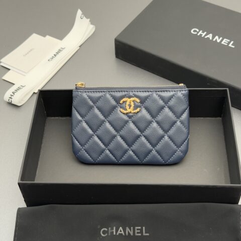 CHANEL 小信封钱包系列 编号:AP 5075宝蓝色细球纹金扣