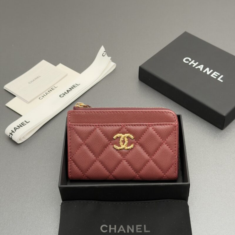 CHANEL 小拉链钱包卡包系列 编号:AP 5074 酒红色细球纹金扣