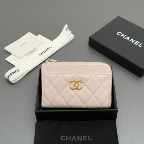 CHANEL 小拉链钱包卡包系列 编号:AP 5074 浅粉色细球纹金扣