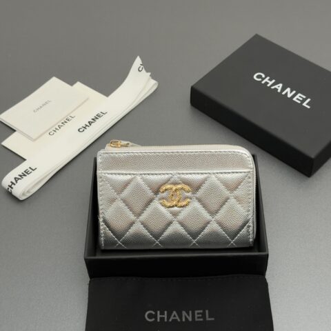 CHANEL 小拉链钱包卡包系列 编号:AP 5074 银色细球纹金扣