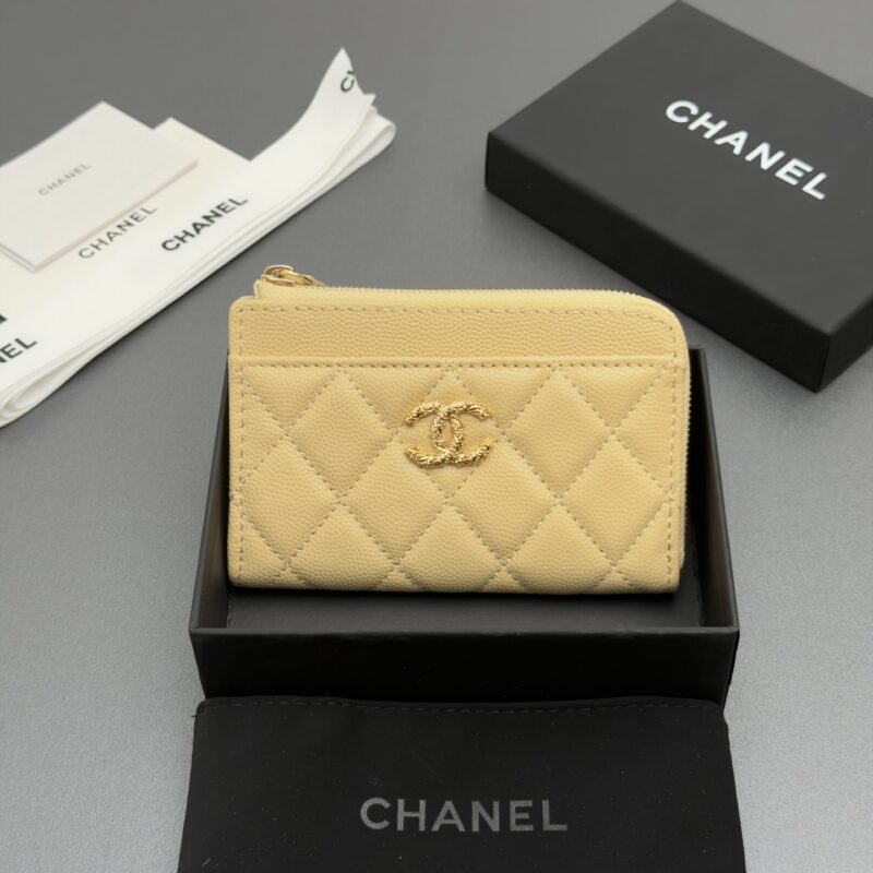 CHANEL 小拉链钱包卡包系列 编号:AP 5074 杏色细球纹金扣