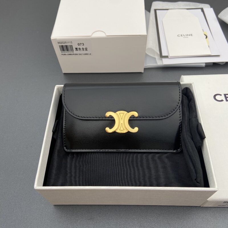 CELINE TRIOMPHE亮澤牛皮翻蓋內帶拉鏈卡包 编号:10P073CQH.04LU 072 073 黑色全皮