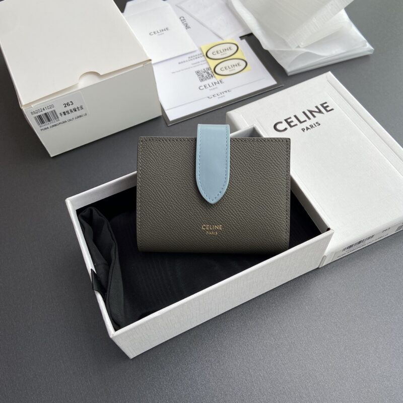 CELINE 小號雙色粒面牛皮革飾帶錢包 编号:10H263BRU.10PI 263 手掌紋灰綠全皮