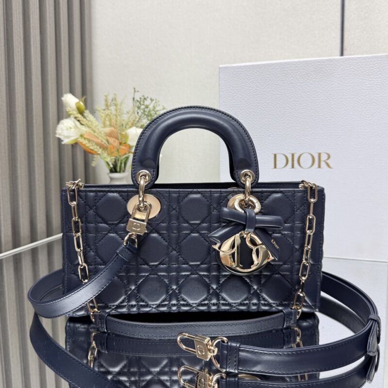 DIOR LADY D-JOY 手袋 型号：0540「深蓝色带蝴蝶结小羊皮」中号