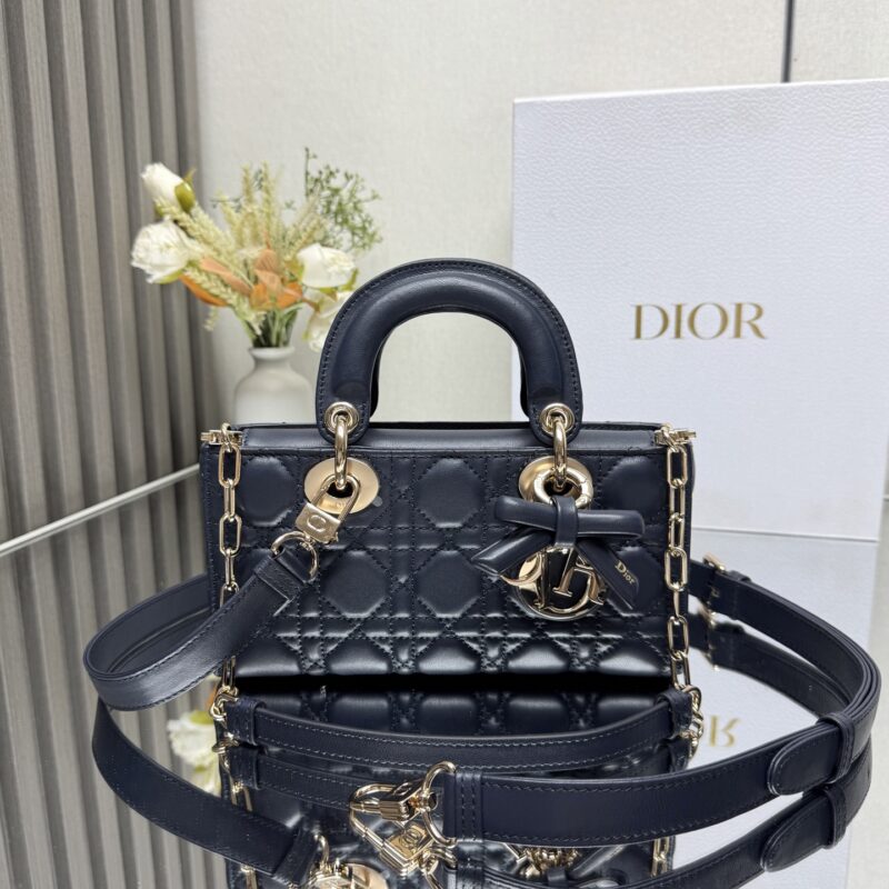 DIOR LADY D-JOY 手袋 型号：0613「深蓝色带蝴蝶结小羊皮」小号