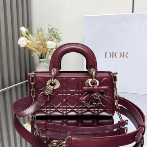 DIOR LADY D-JOY 手袋 型号:0613「枣红色带蝴蝶结小羊皮」小号