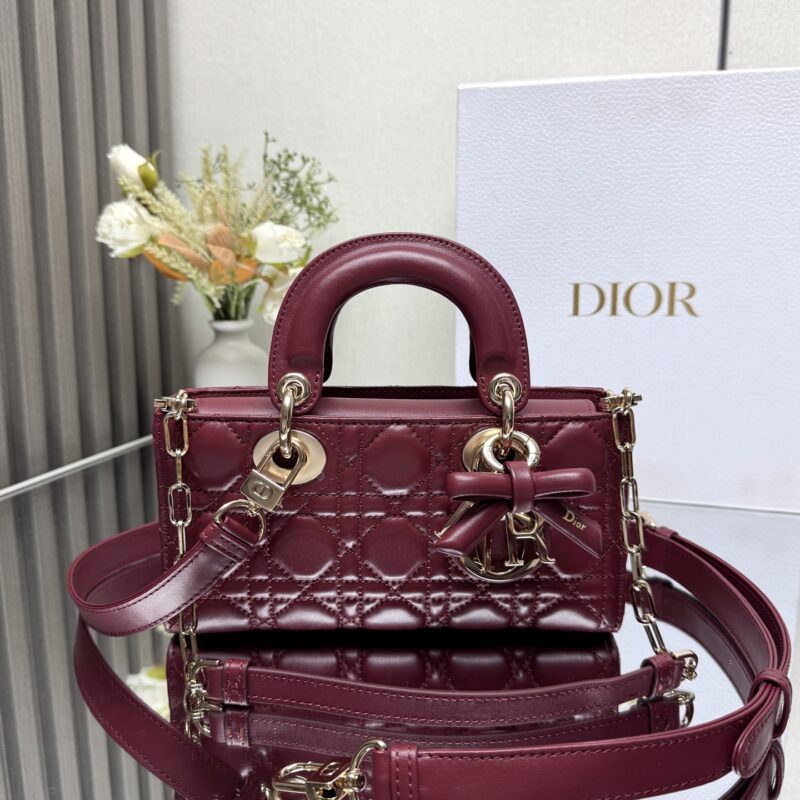 DIOR LADY D-JOY 手袋 型号:0613「枣红色带蝴蝶结小羊皮」小号
