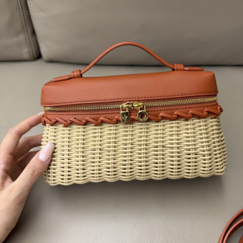 Loro Piana 二代Extra Pocket L19手拿包 型号：FAO1083 橘色拼麦芽色藤编