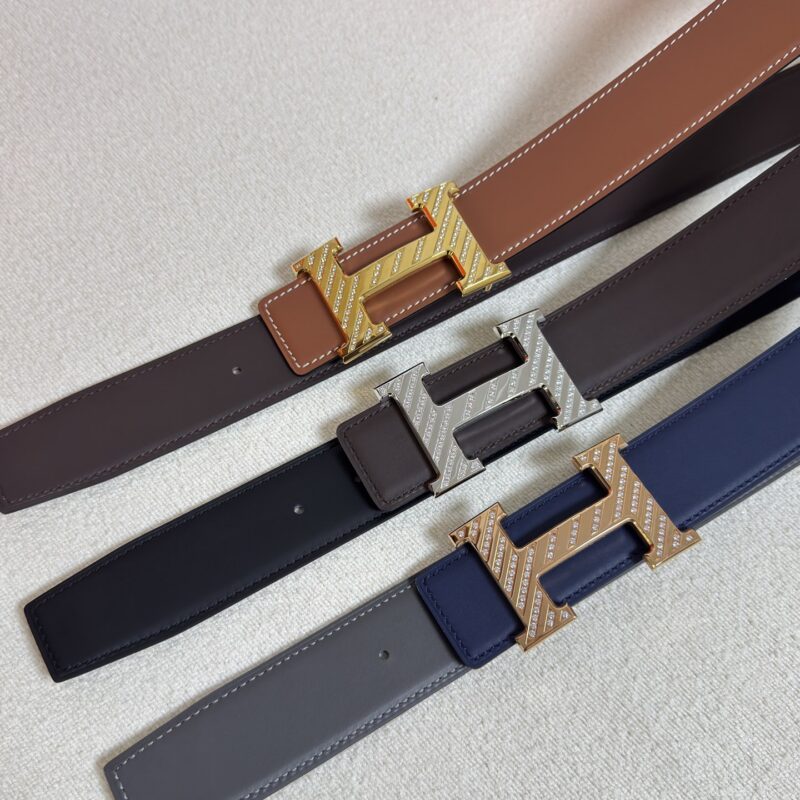 HERMES 男款3.8cm精钢材质镶嵌钻金属扣搭配