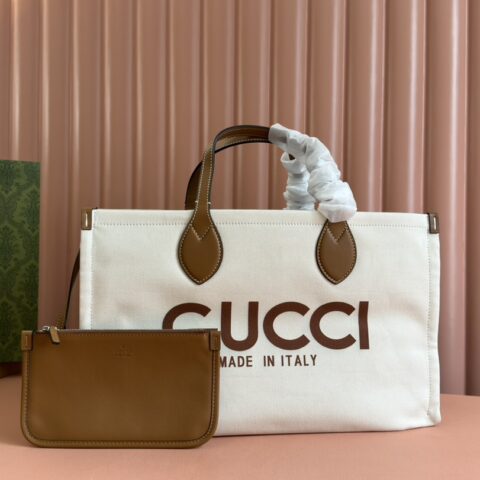 GUCCI 饰印花中托特包 型号：772176棕色/帆布