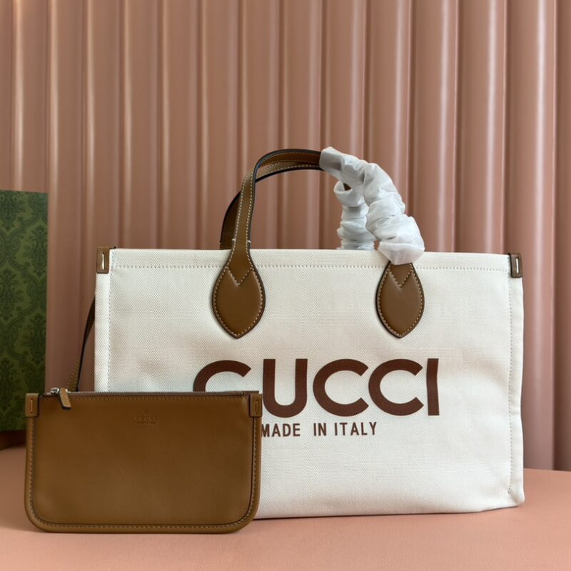 GUCCI 饰印花中托特包 型号:772176棕色/帆布
