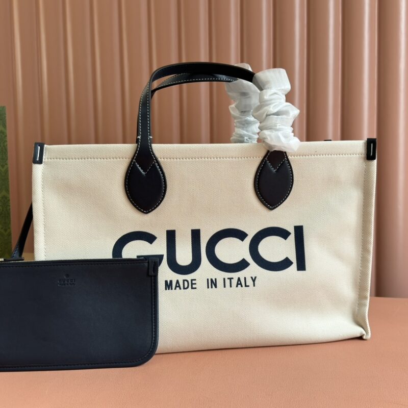GUCCI 饰印花中托特包 型号:772176蓝色/帆布