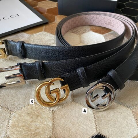 GUCCI 新款3.5cm男女同款全皮黑色金扣/银扣GG腰带