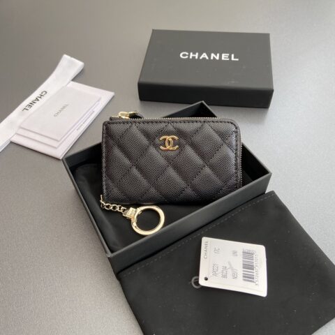 CHANEL 小香小拉链包卡包系列 编号:0221  黑細球淺金