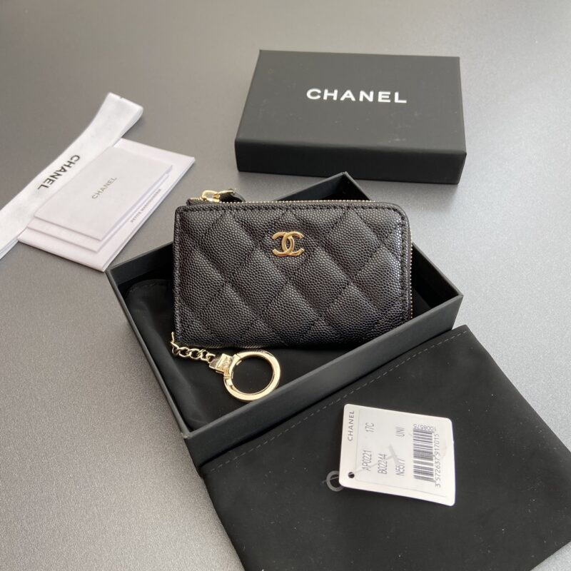 CHANEL 小香小拉链包卡包系列 编号:0221  黑細球淺金