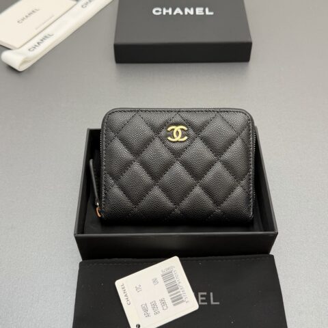 CHANEL 新款係列拉链包短款钱包係列 货号:AP4652 黑色细球纹浅金色五金