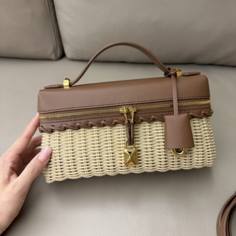 Loro Piana Extra Bag L23手袋 型号：FLW0354 丝绒可可色/麦芽色藤编