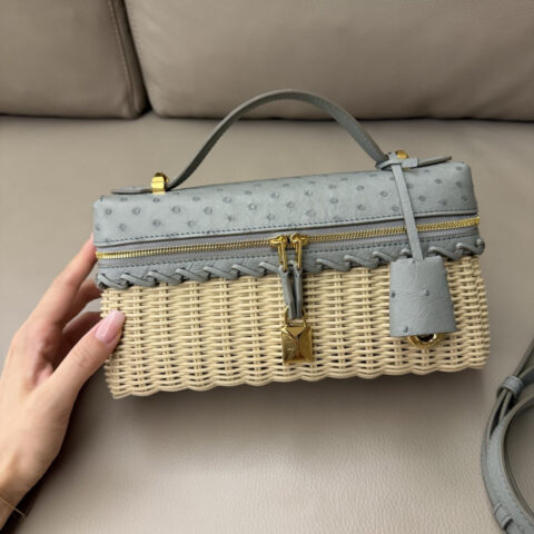 Loro Piana Extra Bag L23手袋 型号：FLW0479 鸵鸟皮 马黛茶色拼麦芽色藤编