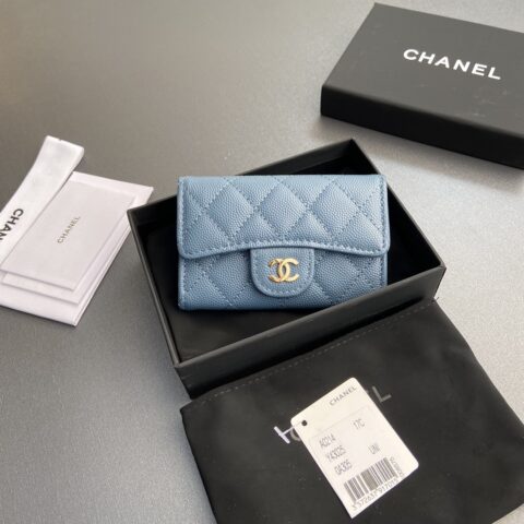 CHANEL 小香进口意大利皮 货号:AP0214 霧霾藍细球纹金色钢唛