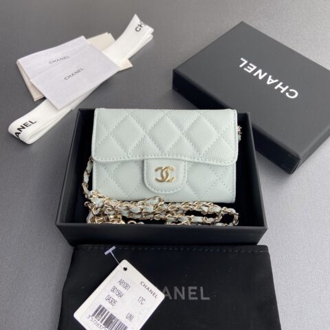 CHANEL 小香进口意大利颗粒牛皮 货号:A81081淺藍细球纹金色钢唛五金