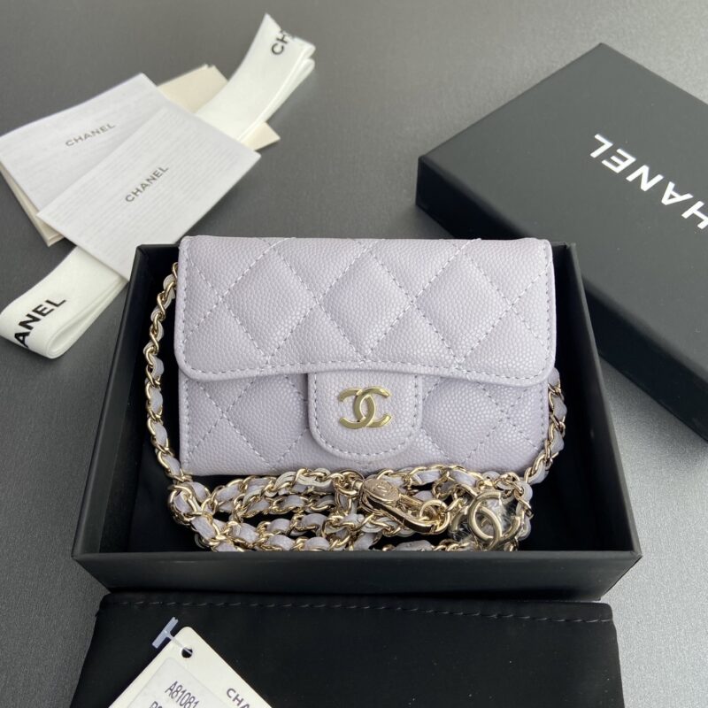 CHANEL 小香进口意大利颗粒牛皮 货号:A81081淺紫细球纹金色钢唛五金