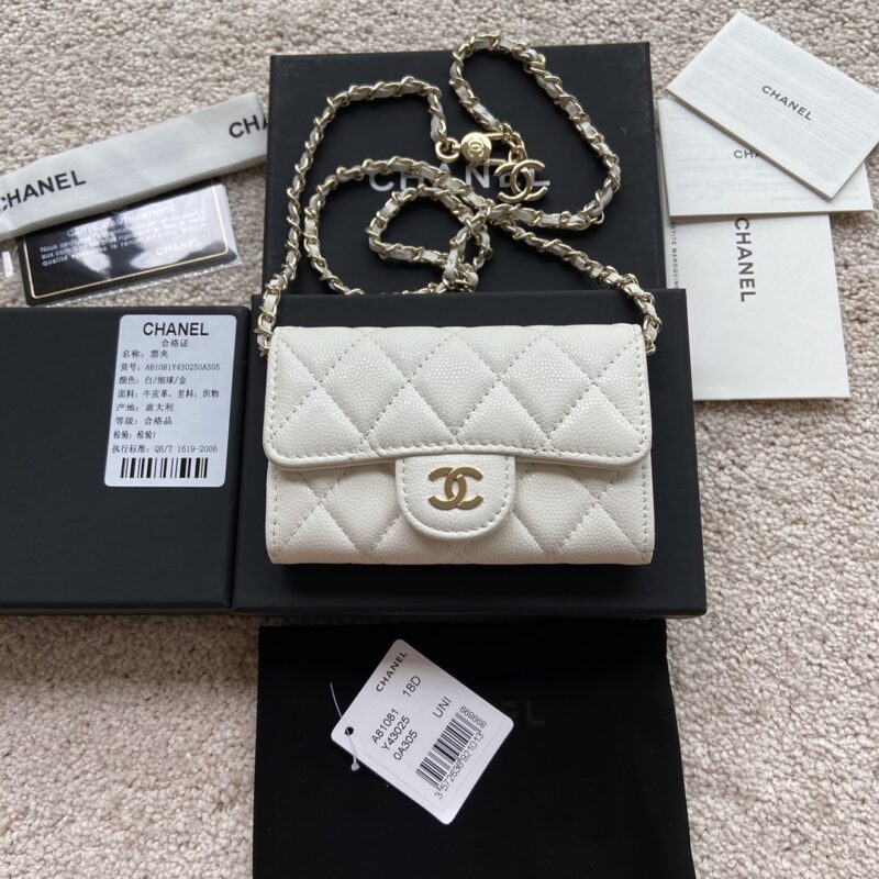 CHANEL 小香进口意大利颗粒牛皮 货号:A81081白色细球纹金色钢唛五金